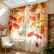 2 Stück große transparente Herbst-Ahornblatt-Vorhänge, Aquarell-Herbstzweig-Muster lichtfilternde Fenstergardinen, halbtransparente Vorhangpaneele für Wohnzimmer Landhaus-Heimdekoration - Verschiedenfarbig - Übersicht 1