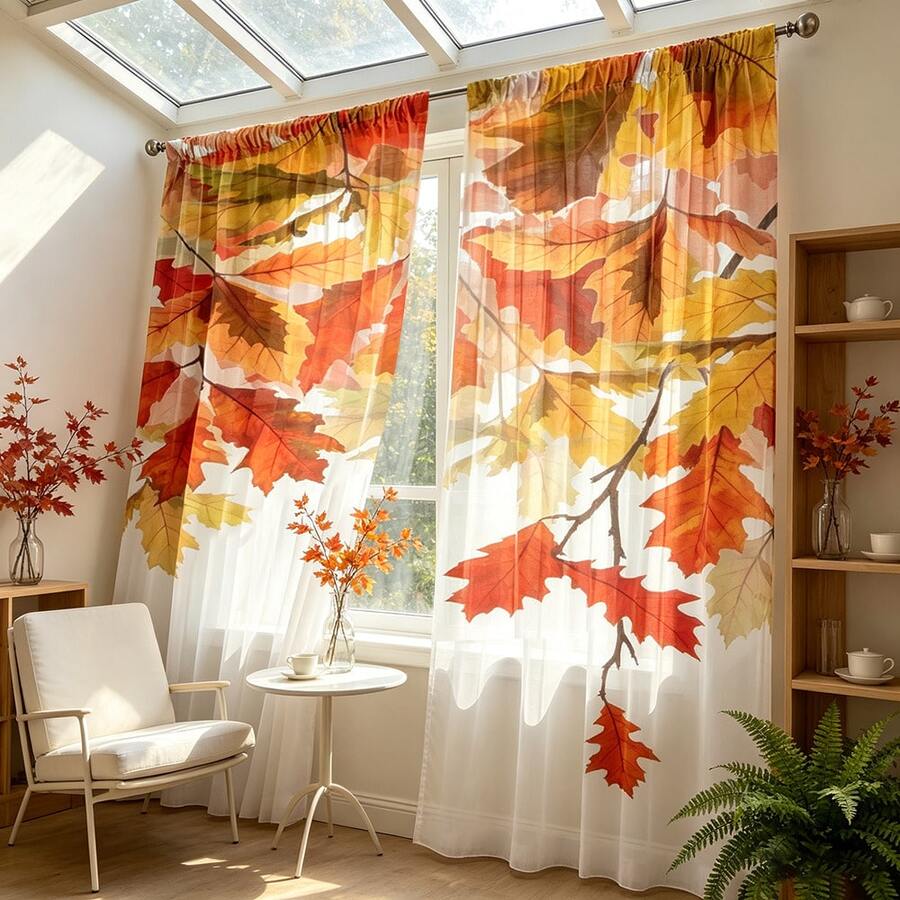 2 Stück große transparente Herbst-Ahornblatt-Vorhänge, Aquarell-Herbstzweig-Muster lichtfilternde Fenstergardinen, halbtransparente Vorhangpaneele für Wohnzimmer Landhaus-Heimdekoration - Verschiedenfarbig - Übersicht 1