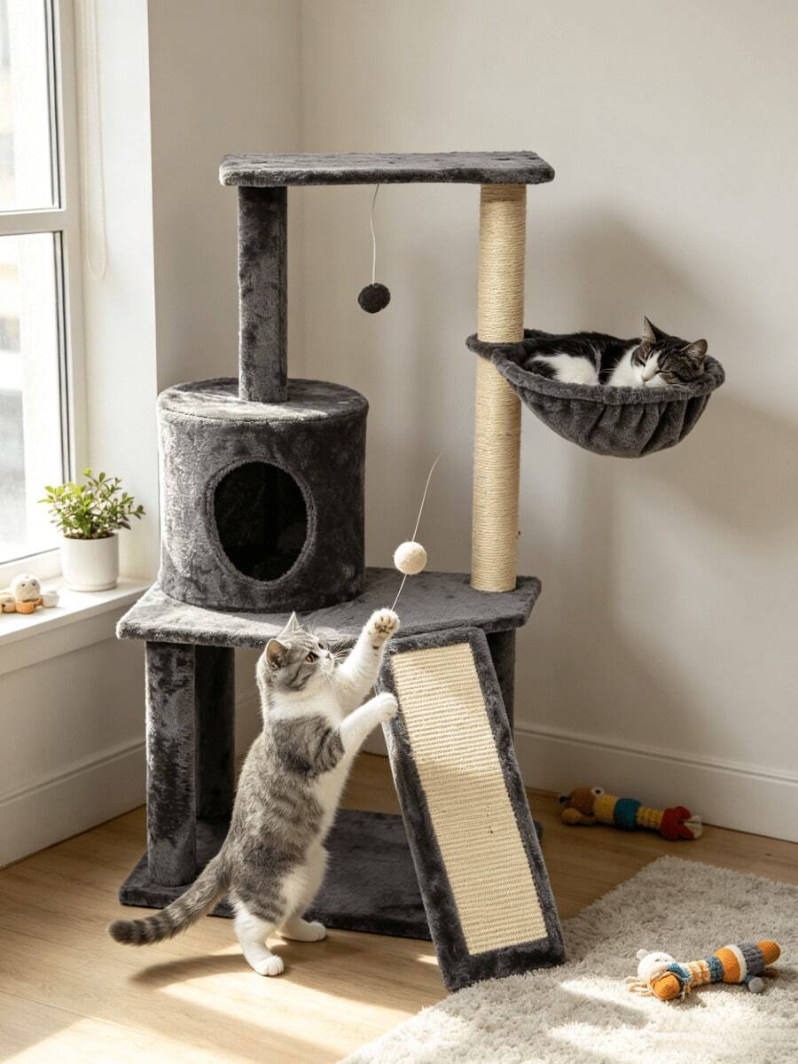 1pc Multi-Layer Cat Tree Tower, Equipped With Sisal Scratching Posts, Cat Cave Condo, Hammock, Scratching Ramp And Hanging Pom-Pom Toy, Space Saving, Sturdy And Durable, Suitable For Kittens And Adult Cats - Random Color - View 1