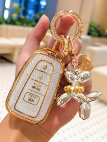 Suitable For Car Key Fob Cover With Cute Puppy Pendant, White Gold Special Diamond Texture Key Fob Shell, Full Protection For Key Fob, Soft Key Full Protection Cover, Compatible With 2020-2025 Highlander, 2019-2024 RAV4 Corolla, 2018-2024 Camry Avalon, 2022-2024 4Runner, 2017-2024 C-HR 86 GT86 Prius Prime Prado Gift - Puppy Style - View 3