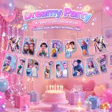1 pieza Pancarta de Feliz Cumpleaños con temática de grupo de chicas K-Pop, Bandera colgante con letras planas, Decoración para fiesta de cumpleaños, Decoración de fondo de pared, Decoración para interiores/exteriores del patio, Suministros para fiestas, Regalo de colección para fans - Multicolor - Ver 2
