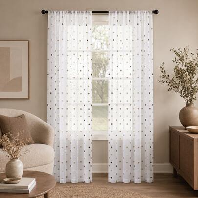 1pc Or 2pcs, COSENNATUR Popular Mocha Color Polka Dot Pom Pom Sheer Curtain, Kitchen Curtain, Rod Pocket Top, Easy To Hang, Lightweight And Soft, Polyester Fabric, All Season Use, Washable, Multiple Sizes And Scenarios Applicable, Suitable For Bedroom, Living Room, Kitchen, Dining Room, Bathroom, Office, Outdoor Patio, Christmas Home Decor