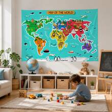 2D Flat Cartoon World Map Design, Durable Decorative Photo Backdrop Wall For Living Room, Bedroom, Hallway, Adds Happiness, Versatile Style, 2D Flat - Multicolor - View 1