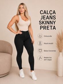 Women's Skinny High-Waisted Jeans With Lycra And Push-Up Effect Basic - 純黑色 - 查看 8
