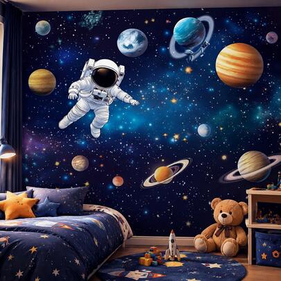 2D Flat Banner Galaxy Space Theme Background Cloth With Solar System Planets, Astronauts And Starry Night Sky, Party Decoration Photo Booth Backdrop, Durable For Birthday, Classroom, Space Exploration Activities, Multi-Functional Wall Decor, Suitable For Home, Office, Outdoor, Studio, Party Decoration, Holiday Gift, Polyester Material, No Power Required
