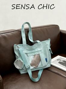 Bolso Tote de Tela Azul Claro para Desplazamientos, Doble Asa, Correa de Hombro Ajustable, Con Pequeña Bolsa de Almacenamiento Cilíndrica - Azul - Ver 6