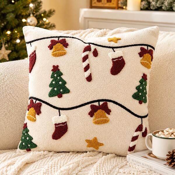 1 pezzo Federa per cuscino natalizia ricamata e imbottita, 18x18 pollici, morbida in peluche con albero di Natale, campana, calza natalizia, bastoncino di zucchero e stella, adatta per divano, letto, decorazione natalizia per la casa, senza inserto