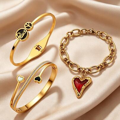 3/1pc Heart Collection Stainless Steel Bracelet, Suitable For Daily Wear And Dating Accessories, Gift For Lover, Mom, Best Friend