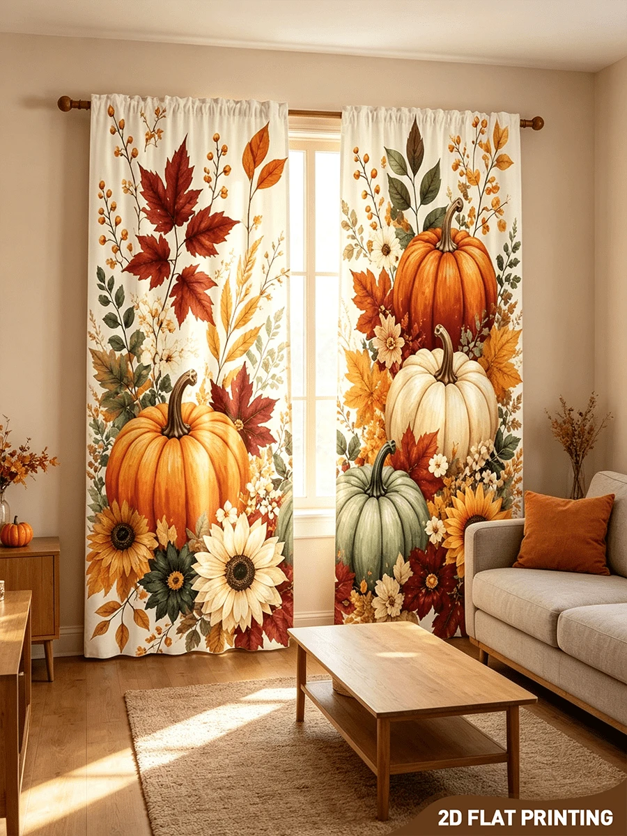 2 Stück Herbst-Erntedekoration Vorhänge, heller Kürbis- & Sonnenblumen-Muster, lichtdurchlässiger Stoff, Wohnzimmer Schlafzimmer Küche Fensterdekoration, Herbst-Heimdekoration - Verschiedenfarbig - Übersicht 1