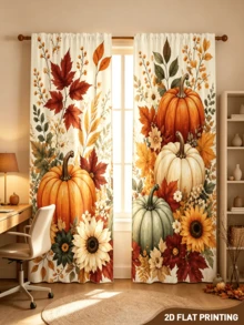 2 Stück Herbst-Erntedekoration Vorhänge, heller Kürbis- & Sonnenblumen-Muster, lichtdurchlässiger Stoff, Wohnzimmer Schlafzimmer Küche Fensterdekoration, Herbst-Heimdekoration - Verschiedenfarbig - Übersicht 6