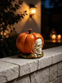 1 pieza Figura de calabaza con calavera aterradora, decoración de terror realista naranja, estatua de escritorio de Halloween, decoración interior de chimenea de otoño, regalo de graduación, centro de mesa para fiesta de Halloween, acento popular de habitación gótica oscura - Multicolor - Ver 7