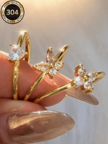 ZCNC Znice 3pcs/Set Cincin Tumpuk Tembaga Berlapis Emas 18K, Cincin Keberuntungan Wanita Bentuk Daun Semanggi Empat, Kupu-kupu Mewah, Berlian Imitasi Berbentuk Hati, Cincin yang Dipersonalisasi, Perhiasan Minimalis Hipoalergenik, Hadiah Hari Ibu yang Sempurna, Aksesori Liburan Musim Panas - Emas - View 2