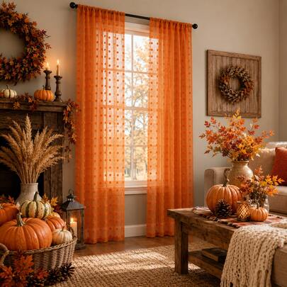 1pc Or 2pcs, Thanksgiving COSENNATUR Orange Polka Dot Pom Pom Sheer Curtain, Kitchen Curtain, Rod Pocket Top, Lightweight And Soft, Polyester Fabric, All Season, Machine Washable, Multiple Sizes And Scenes Suitable, Fits Bedroom, Living Room, Kitchen, Dining Room, Bathroom, Office, Outdoor Patio, Thanksgiving, Harvest Festival Autumn Home Decor