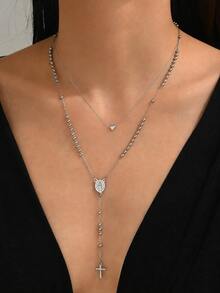 VceTd2PCS Fashion Style Stainless Steel Women's Necklace Set With Mini Heart Pendant And Round Disc Y-Shaped Necklace, Suitable For Women To Wear During Festivals - LM031/YW001XL - View 3