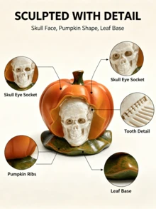 1 pieza Figura de calabaza con calavera aterradora, decoración de terror realista naranja, estatua de escritorio de Halloween, decoración interior de chimenea de otoño, regalo de graduación, centro de mesa para fiesta de Halloween, acento popular de habitación gótica oscura - Multicolor - Ver 6