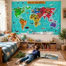 2D Flat Cartoon World Map Design, Durable Decorative Photo Backdrop Wall For Living Room, Bedroom, Hallway, Adds Happiness, Versatile Style, 2D Flat - Multicolor - View 7