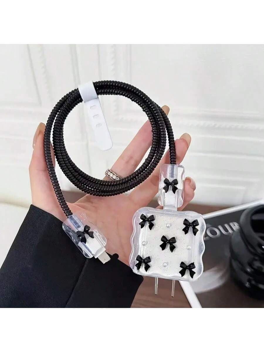 Black Bow And White Pearl Flower Design Charging Data Cable Protective Sleeve Set 20W/18W, Cable Protector, Protective Case, Compatible With Apple , Great Gift Choice