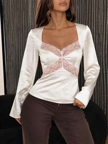 Square Neck Lace Patchwork Satin Long Sleeve Top White - White - View 4