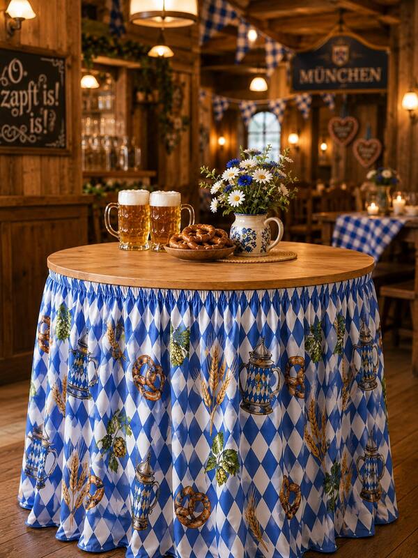 1pc Oktoberfest Round Table Skirt, Blue White Bavarian Diamond Beer Stein Pretzel Hops Wheat Print, Elastic Edge Table Skirting For Beer Festival Party, Bavarian Theme Home Decor