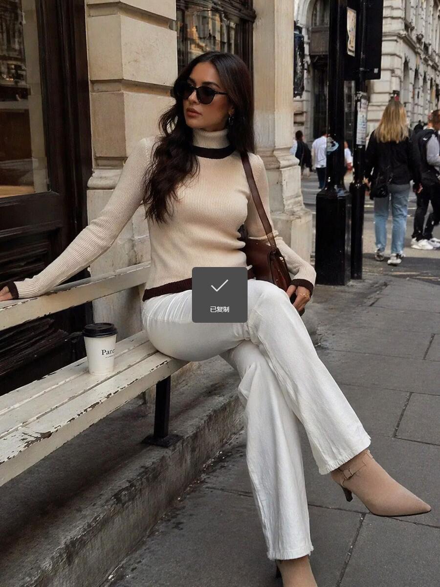 Cream & Dark Brown Colorblock High Neck Ribbed Slim Fit Knit Base Layer Top For Women, French Minimalist Commute & Date Innerwear, Autumn/Winter - Apricot - View 1