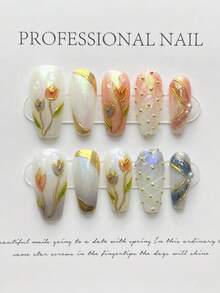 10 Peças Unhas Postiças Feitas à Mão Multicoloridas, Estilo Elegante de Fada da Primavera, Base Leitosa Iridescente, Padrões de Tulipa com Contorno Dourado e Grade de Diamante com Glitter e Pérola para Mulheres e Meninas, Uso em Festivais de Primavera, Verão, Outono, Inverno, Festa e Vida Diária - Multicolorido - Visão 1