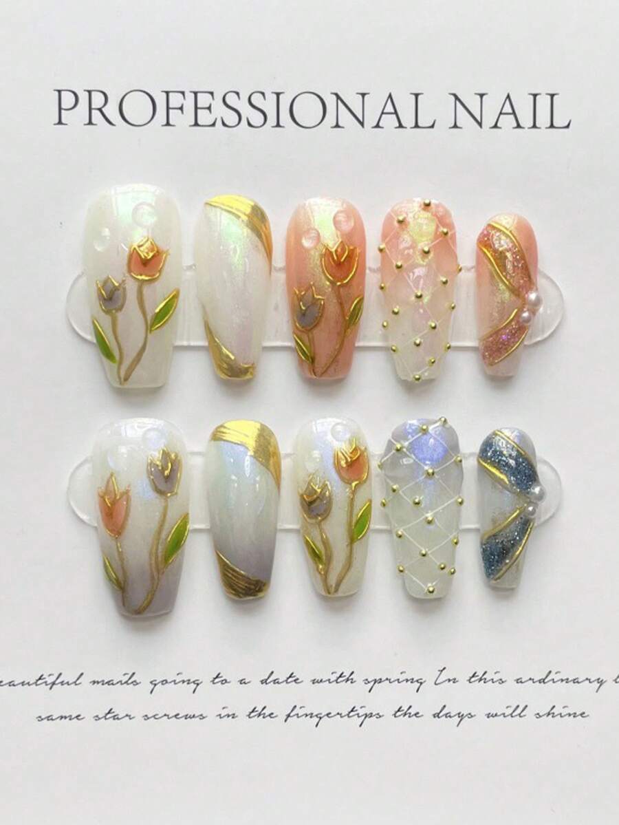10 Peças Unhas Postiças Feitas à Mão Multicoloridas, Estilo Elegante de Fada da Primavera, Base Leitosa Iridescente, Padrões de Tulipa com Contorno Dourado e Grade de Diamante com Glitter e Pérola para Mulheres e Meninas, Uso em Festivais de Primavera, Verão, Outono, Inverno, Festa e Vida Diária - Multicolorido - Visão 1
