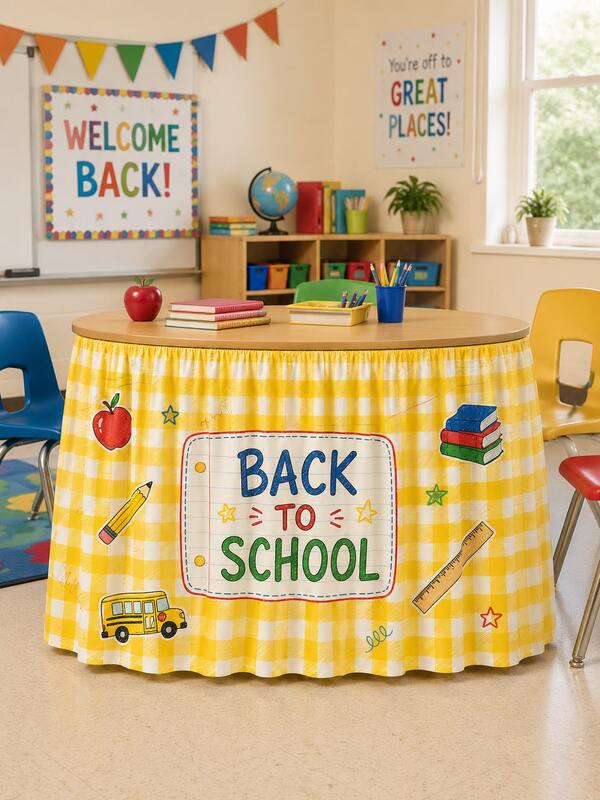 1pc Yellow Plaid Back To School Table Skirt, Back To School Letter, Apple, Pencil, Book & School Bus Print, Pleated Drape Design, Fits Round/Rectangular Table, Suitable For Classroom Welcome, Teacher Desk, Back To School Party & Campus Event Decoration