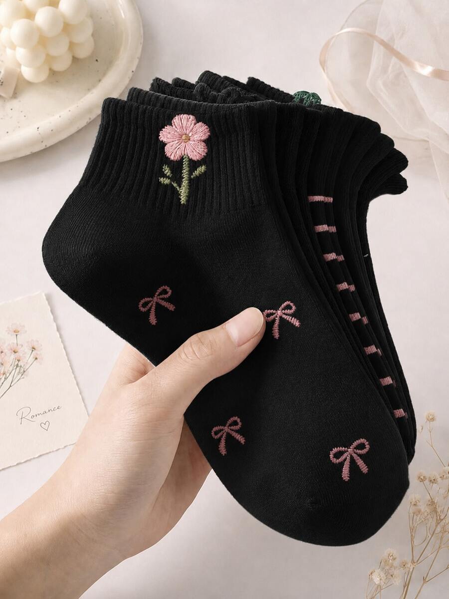 5 Pairs Random Floral Lightweight Short Socks, Soft And Comfortable, Suitable For Daily, Work, Campus, Casual Wear - Multicolor - View 1