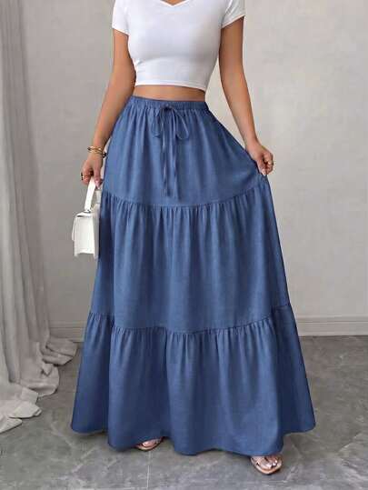 Navy Blue Layered Ruffle Long Skirt With Elastic Drawstring Waist, Flowy A-Line Maxi Skirt For Women, Summer Beach Vacation Casual Bohemian Style Daily Wear