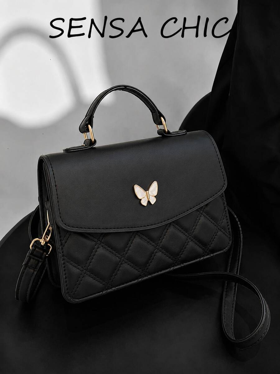 Black Diamond Quilted Flap Handbag, Shell Inlaid Butterfly Metal Decor Top Handle Crossbody Bag With Adjustable Strap - Black - View 1