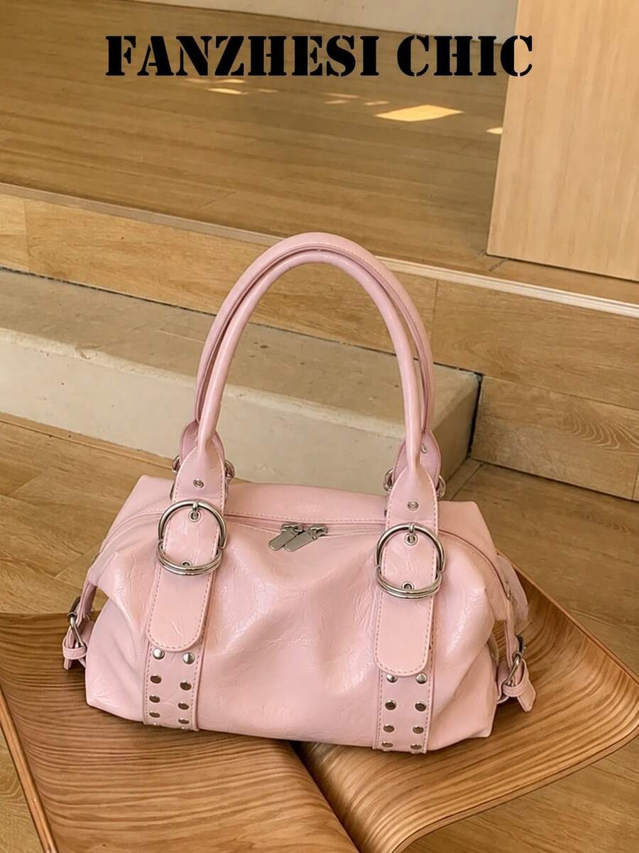 Tas Tangan Silinder Minimalis Warna Pink Polos dengan Detail Cincin Logam Perak dan Kancing, Penutup Resleting Ganda, Interior Luas, Cocok untuk Wanita, Aktivitas Kampus dan Akhir Pekan. - Berwarna merah muda - View 1