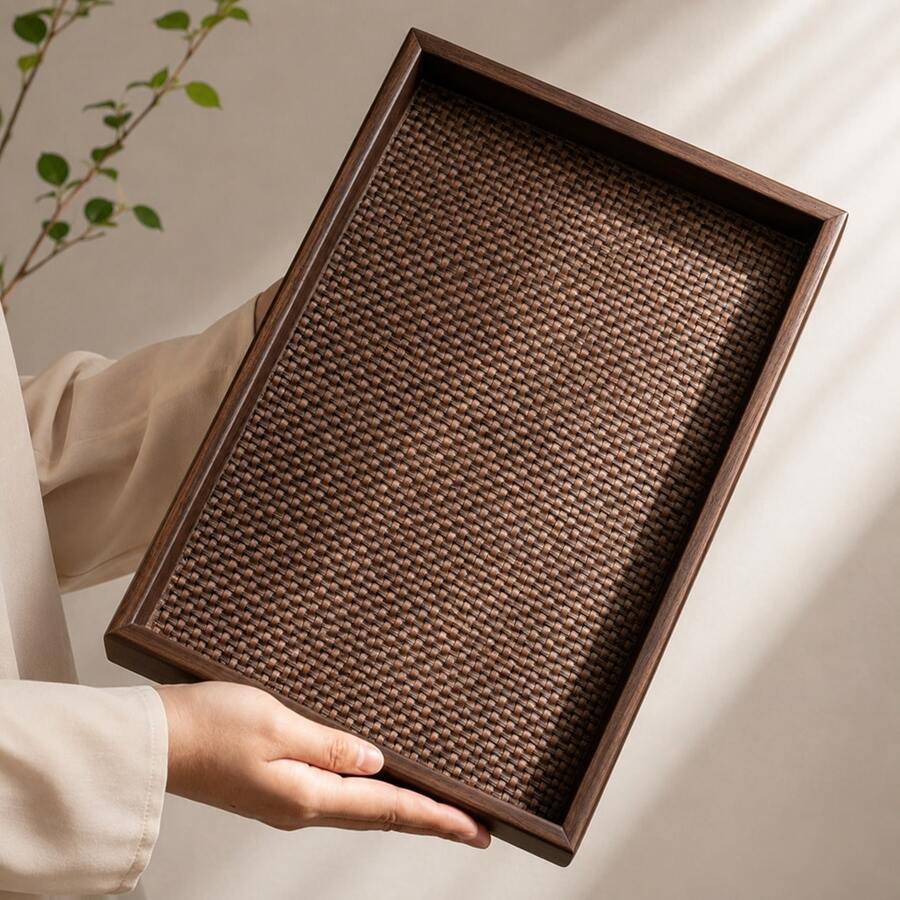 Walnut Square Bamboo Tray With Handle, Detachable Woven Mat, Multi-Size Breakfast Storage Tea Coffee Snack Food Cake Aromatherapy Candle Fruit Tray, Kitchen Accessories, Home Decor, Room Decor, Wedding, Picnic, Back To School Essentials