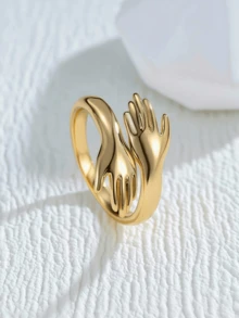 1 件 18K 镀金不锈钢可调节开口手掌设计女士粗戒指 - 銀色 - 查看 3