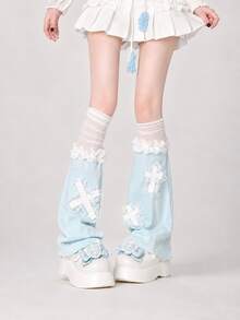 Light Blue Flared Cross Lace Trim Leg Warmers With Bow And Ruffle Hem, Y2K Millennium Hot Girl Subculture Harajuku Anime Lolita Layered Calf Sleeves - Multicolor - View 5