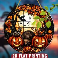 Hedgehog Halloween Stained Glass Effect Window Hanging Decor, Autumn Theme Garden Art With Halloween Lanterns And Bats, Perfect For Home, Yard Or Balcony, Halloween Decoration - 1pc Hedgehog - View 2