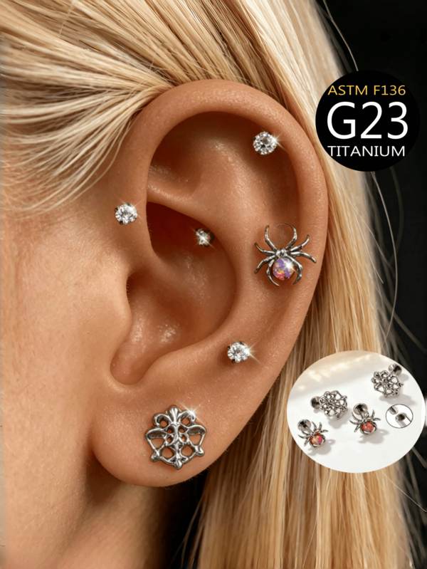 High-End G23 Titanium Alloy Earrings, Spider/Libra Earrings, Elegant Women's Nose Ring, Ear Hole Care, Hypoallergenic Ear Cartilage Studs, Women's Fashion Jewelry, Women's Earrings, Ear Piercing, Cartilage Piercing, Flat Back Earrings, Ear Piercing, Women's Fashion Jewelry, Flat Back Cartilage Earrings, Gift For Girls, Women, Mothers, Classmates, Friends, Lovers Birthday Gift, Halloween, Christmas Gift, Suitable For Beautiful Weddings, Graduation Season