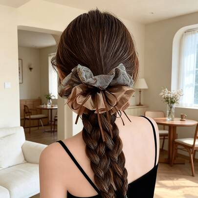 Korean Style Fresh Floral Hair Scrunchie With Elegant Flowing Satin Ribbon And Soft Double-Layer Mesh, Lightweight And Ethereal, High Elasticity And Comfortable, Suitable For Ponytail And Other Hairstyles
