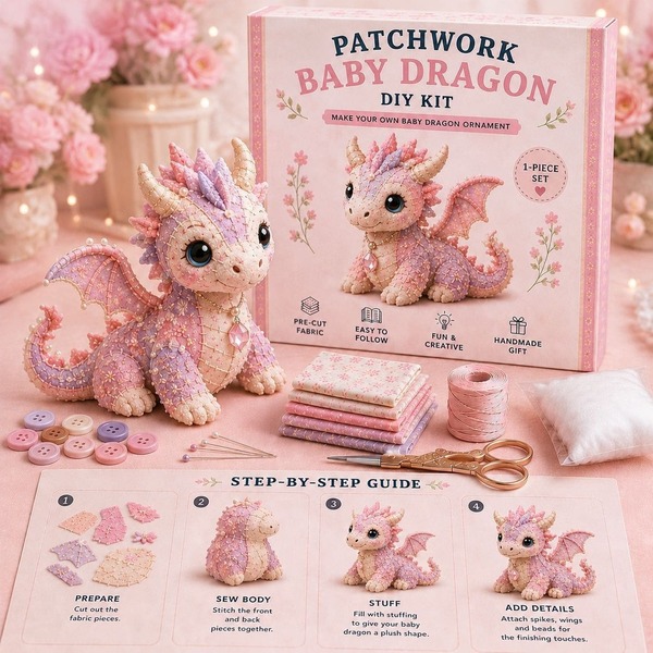 English: Multi-Shade Soft Patchwork Ornament Sewing Set With Pearl Decor And Guide. Mix Diverse Pink-Purple Fabrics To Craft Winged Doll For Custom Holiday Gifts And Soothing Handmade Creation.