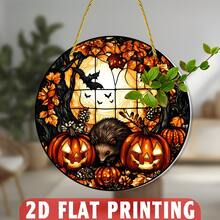 Hedgehog Halloween Stained Glass Effect Window Hanging Decor, Autumn Theme Garden Art With Halloween Lanterns And Bats, Perfect For Home, Yard Or Balcony, Halloween Decoration - 1pc Hedgehog - View 5