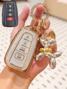 Suitable For Car Key Fob Cover With Cute Puppy Pendant, White Gold Special Diamond Texture Key Fob Shell, Full Protection For Key Fob, Soft Key Full Protection Cover, Compatible With 2020-2025 Highlander, 2019-2024 RAV4 Corolla, 2018-2024 Camry Avalon, 2022-2024 4Runner, 2017-2024 C-HR 86 GT86 Prius Prime Prado Gift - Puppy Style - View 8