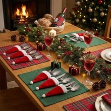 1pc Christmas Decoration, Christmas Hat, Christmas Cutlery Storage Velvet Cap - Multicolor - View 6