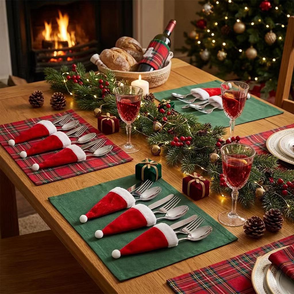 1 buah Dekorasi Natal, Topi Natal, Tutup Beludru untuk Penyimpanan Peralatan Makan Natal - MultiWarna - View 1