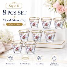 6/8/12 peças, Copos de Vidro com Borda Dourada e Padrão Floral, Copo Decorativo Transparente, Conjunto de Utensílios para Bebida de Casa Oriental, Cozinha, Café, Chá e Água - Multicolorido - Visão 13