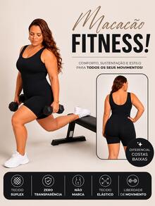 Macacão Feminino Curto Plus Size Alça Larga Gola Careca Zero Transparência Não Marca Fitness Confortável Legging Treino - Preto - Visão 1