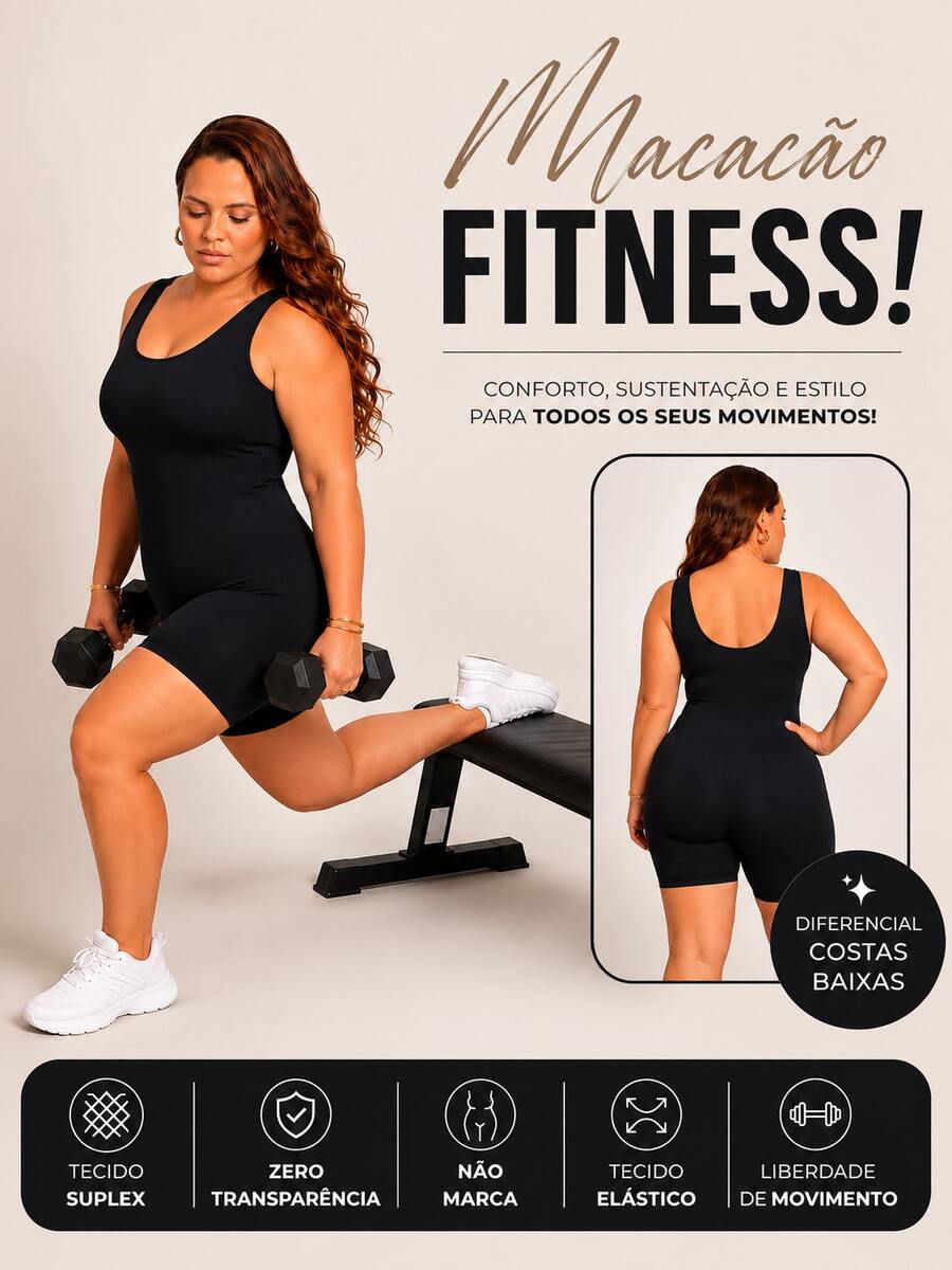 Macacão Feminino Curto Plus Size Alça Larga Gola Careca Zero Transparência Não Marca Fitness Confortável Legging Treino - Preto - Visão 1