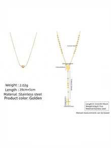 VceTd2PCS Fashion Style Stainless Steel Women's Necklace Set With Mini Heart Pendant And Round Disc Y-Shaped Necklace, Suitable For Women To Wear During Festivals - LM031/YW001XL - View 2