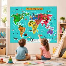 2D Flat Cartoon World Map Design, Durable Decorative Photo Backdrop Wall For Living Room, Bedroom, Hallway, Adds Happiness, Versatile Style, 2D Flat - Multicolor - View 6