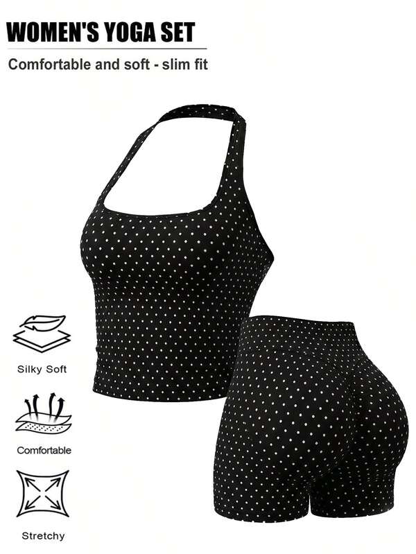 Women's Black Polka Dot 2-Piece Sports Set, Halter Neck Tank Top & Butt-Lifting Cycling Shorts Yoga Outfit, Suitable For Gym, Running, Daily Casual Wear
