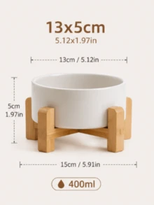 Ceramic Dog Bowl Set With Wooden Base, 13.53 Oz Capacity, Anti-Slip Feature, Suitable For Small Dogs, Medium Dogs, Large Puppies, Cats, Golden Retrievers And Other Pets - 400ml - View 4