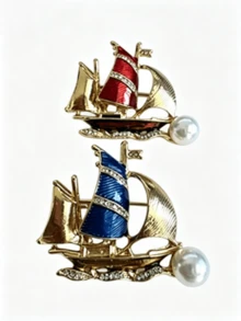 1pc Sculpted Sailing Vessel Brooch, Nautical Motif, Old-World Retro Style, Unisex Coat Pin, Ceremony & Daily Styling, Fall OOTD Jewelry Ornament - Red Sailboat Model a - View 1